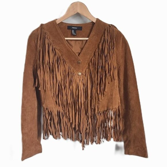 Forever 21 Fringe Tan Suede Leather Jacket NWT Medium - Picture 1 of 12